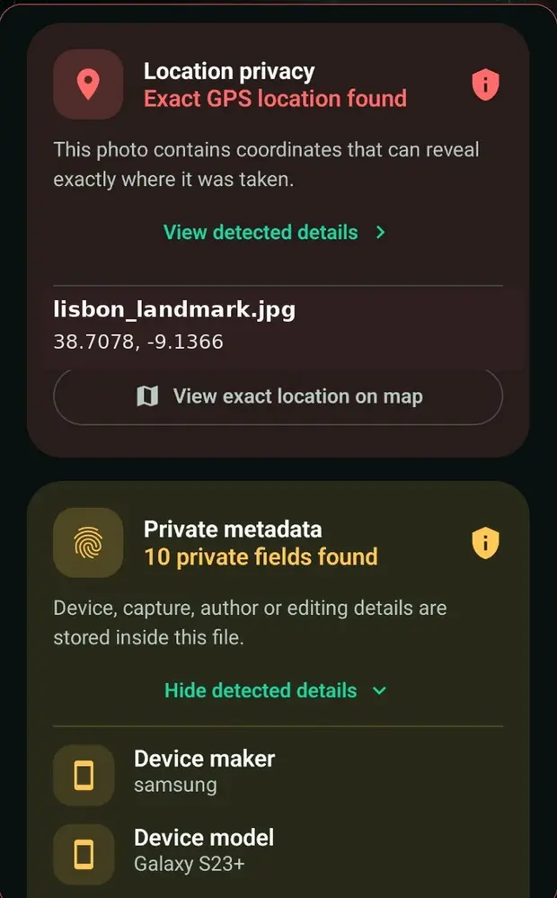 Location privacy report showing exact GPS coordinates found inside a photo