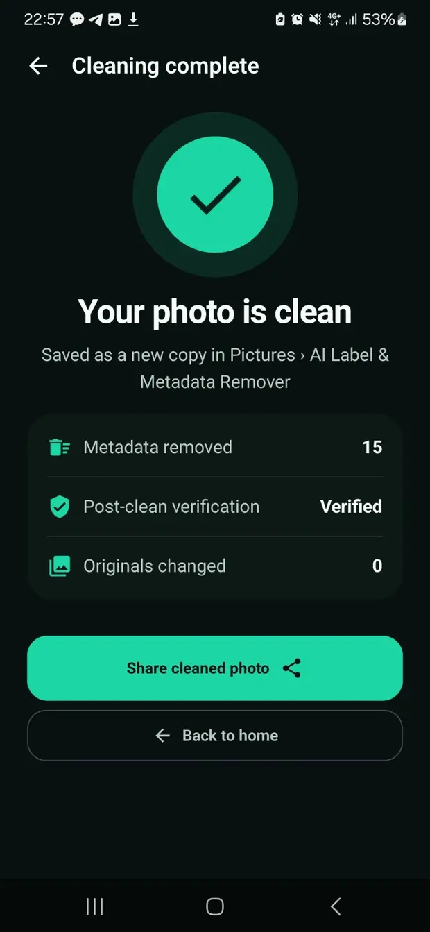 Cleaning complete screen showing metadata removed and post clean verification